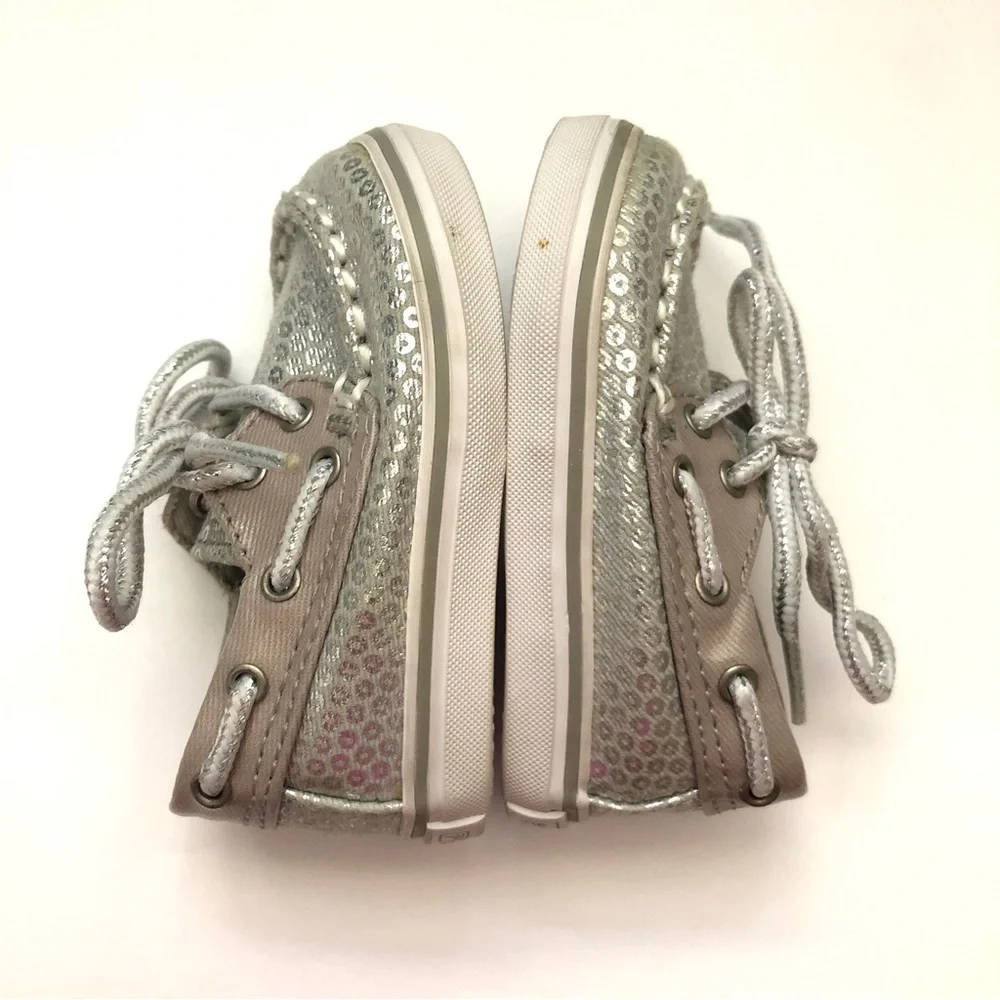 Sperry Topsider Faux Silver Sequin Lace Up Bahama Crib Jr Boat Shoes Baby US 1 M
